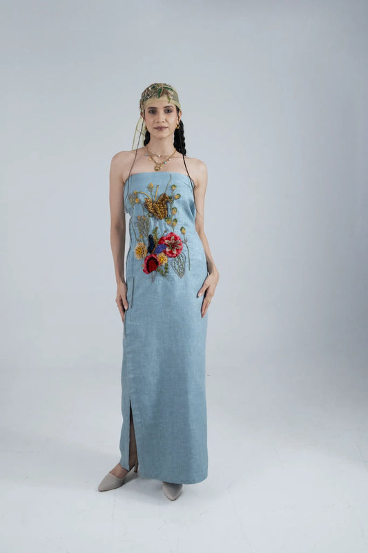 Sky Blue Hand Embroidery Linen Strapless Maxi Dress
