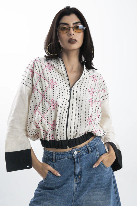 Ivory Dash-Stripe Embroidery Organic Cotton Bomber Jacket