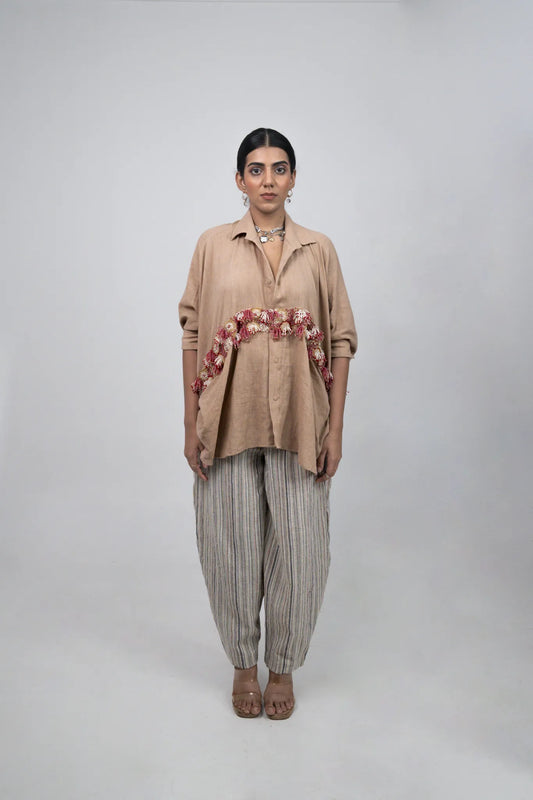 Tan Floral Hand Embroidery Co-ord Set, Organic Cotton