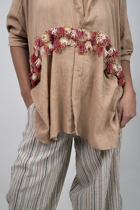 Tan Floral Hand Embroidery Co-ord Set, Organic Cotton