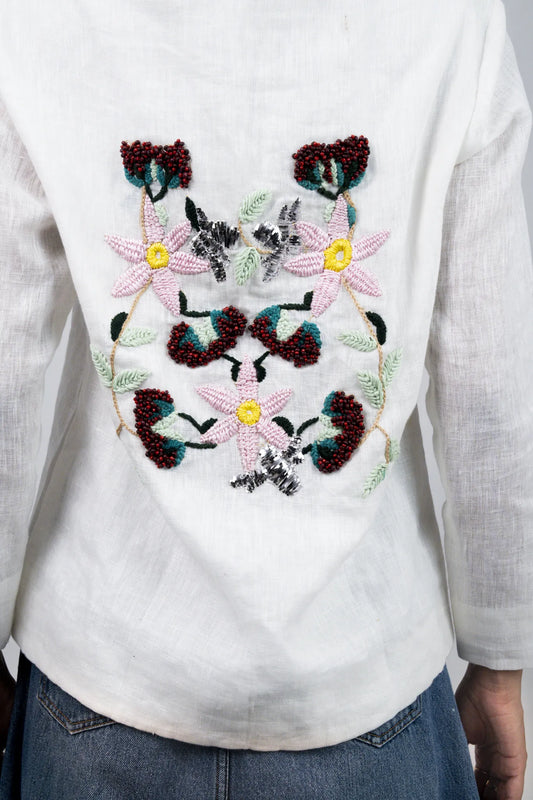 White Hand Embellished Linen Blazer