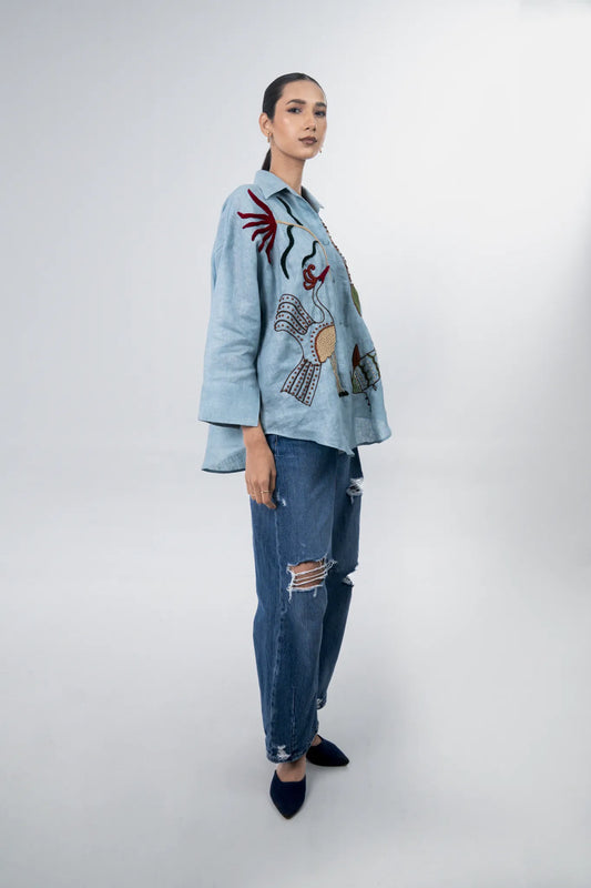 Powder Blue Hand Embroidery Shirt