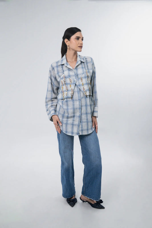 Powder Blue Check Bib Shirt, Hand Embroidery