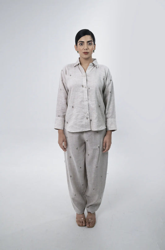 Oat Beaded Two-Piece Co-ord Set, Hand Embroidery