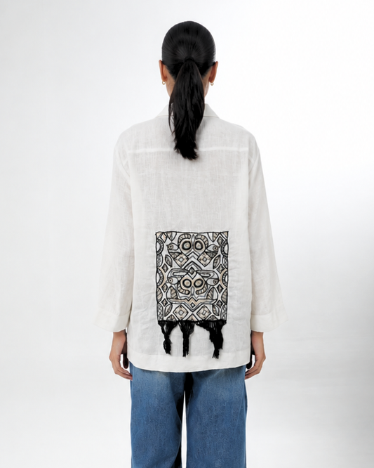 White Wrap Blazer with Tribal Embroidery