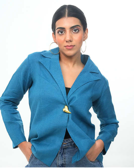 Teal Blazer with Peacock Embroidery