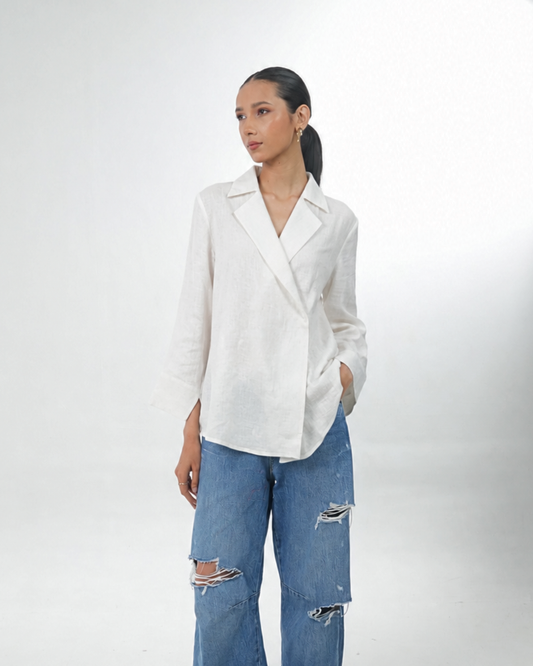 White Wrap Blazer with Tribal Embroidery