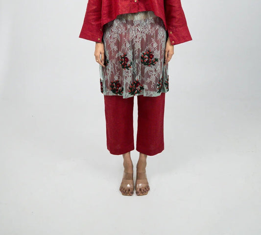 Wine Embroidered Co-ord Set - Pant Only