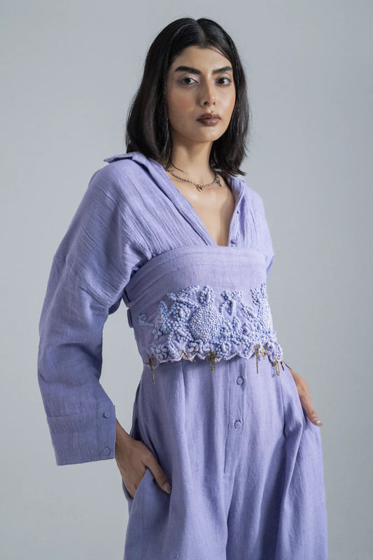 Lavender Jumpsuit with Hand Embroidery Bustier, Organic Cotton Material