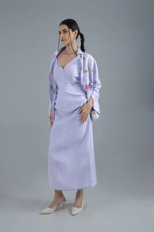 Lilac Dress with Shirt, Hand Embroidery