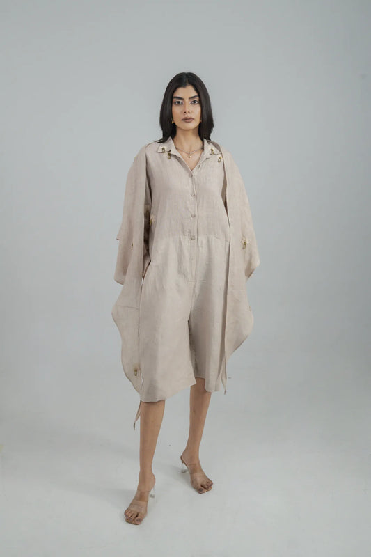 Oatmeal Jumpsuit with Hand Embroidery Scarf
