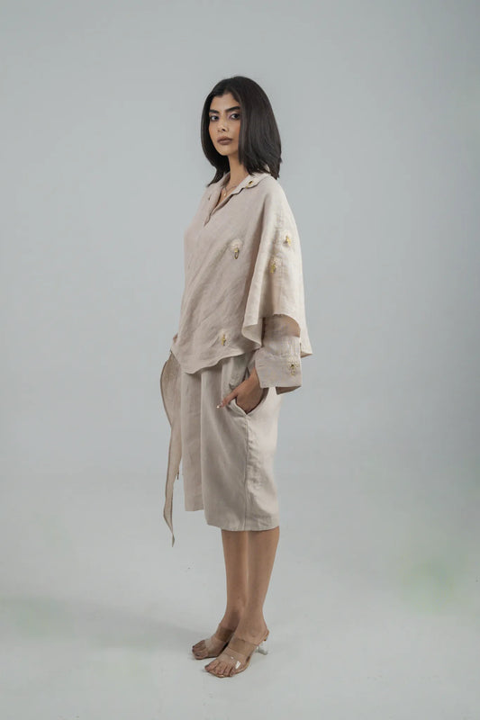 Oatmeal Jumpsuit with Hand Embroidery Scarf
