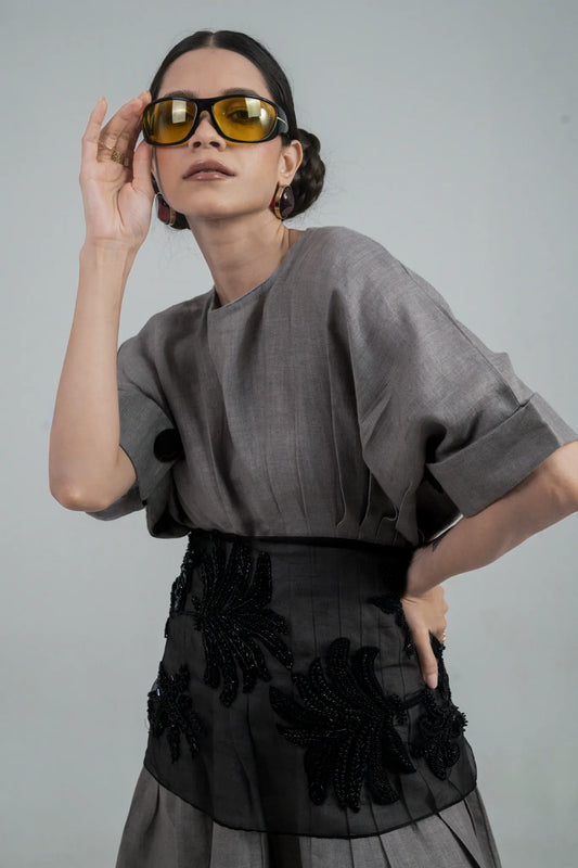 Grey Statement Dress with Waist Belt Hand Embroidery Organza in Black