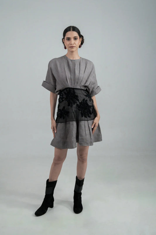 Grey Statement Dress with Waist Belt Hand Embroidery Organza in Black