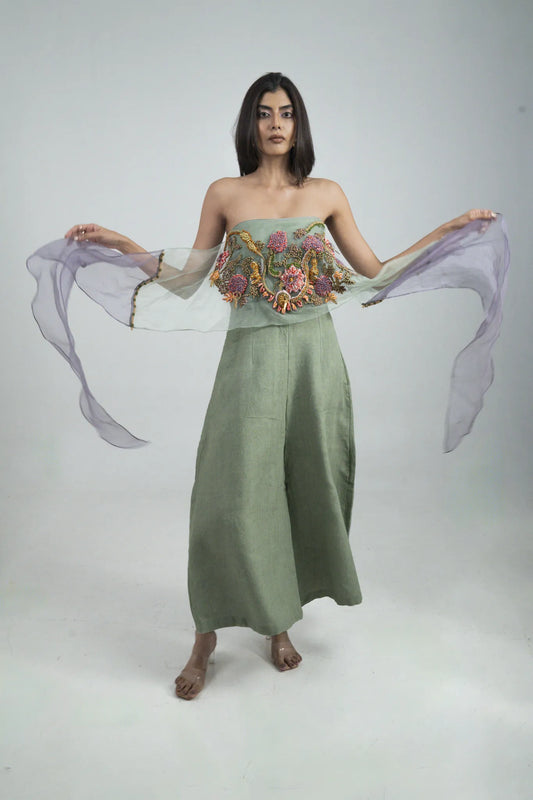 Sage Jumpsuit with Hand Embroidery