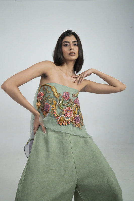 Sage Jumpsuit with Hand Embroidery