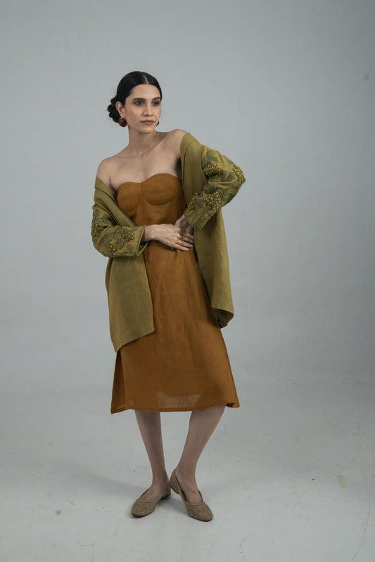 Mustard Casual Dress with Long Shirt, Hand Embroidery on Sleeves
