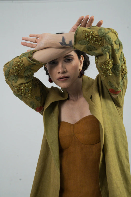 Mustard Casual Dress with Long Shirt, Hand Embroidery on Sleeves