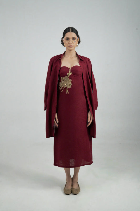 Maroon Embellished Dress with Linen Shirt