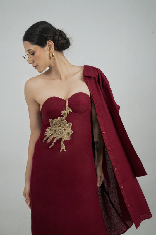 Maroon Embellished Dress with Linen Shirt