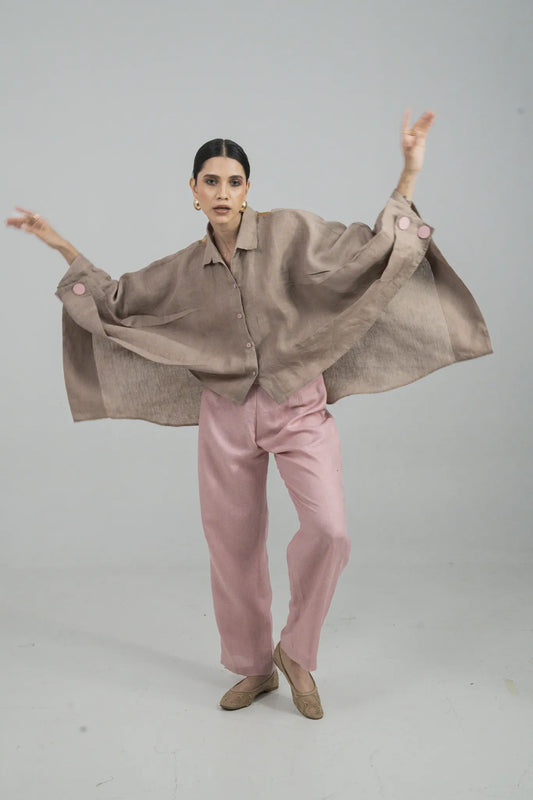 Taupe and Rose Co-ord Set, Hand Embroidery on Organza