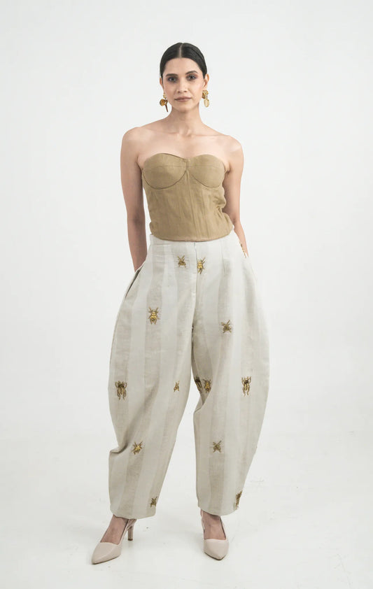 Brown Corset with Off-White Linen Pants, Cockroach Hand Embroidery