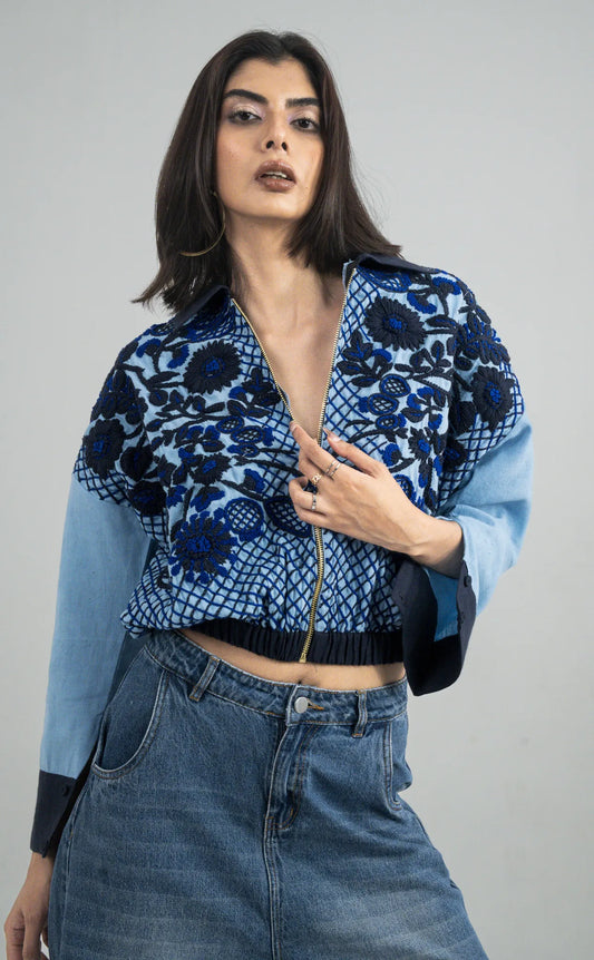 Indigo Printed Bomber Jacket with Front Zip Embroidery