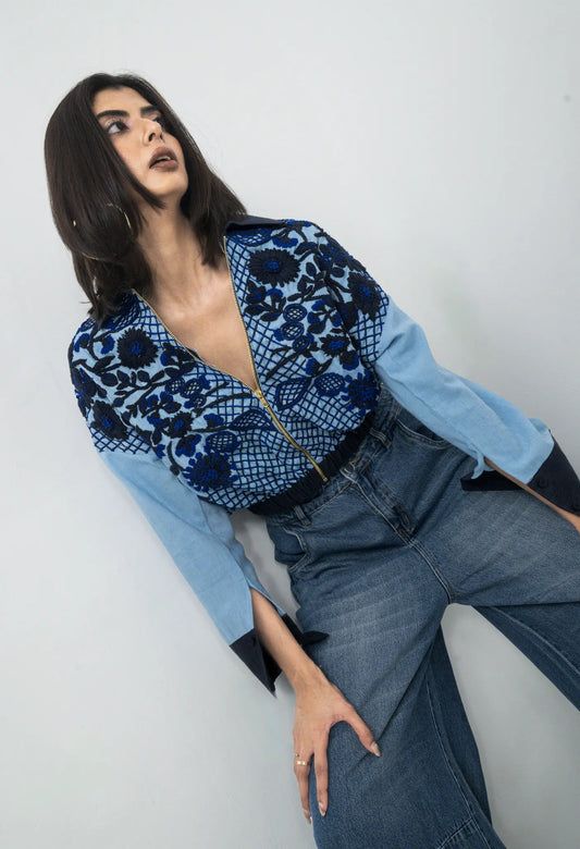 Indigo Printed Bomber Jacket with Front Zip Embroidery