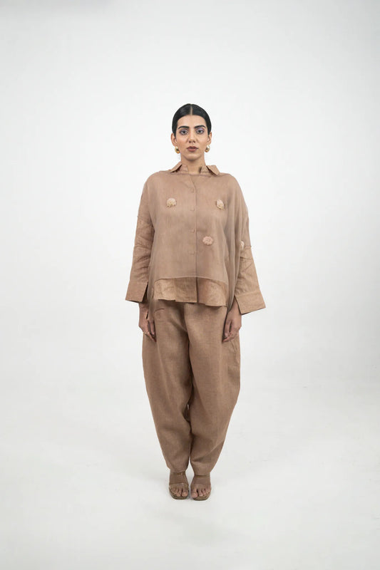 Mauve Oversized Co-ord Set with Organza Top, Hand Embroidery