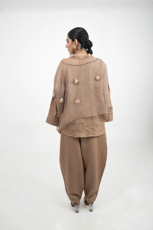 Mauve Oversized Co-ord Set with Organza Top, Hand Embroidery