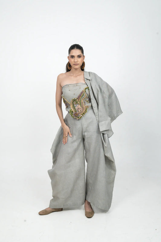 Grey Bustier Embroidery Co-ord Set with Shirt