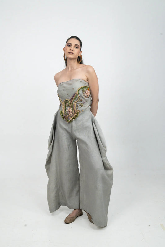 Grey Bustier Embroidery Co-ord Set with Shirt