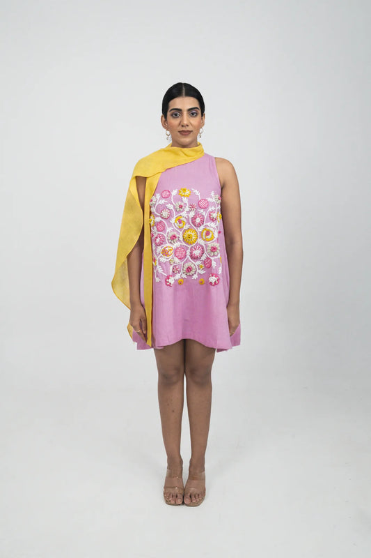 Pink Floral Dress, Organic Cotton, Hand Embroidery