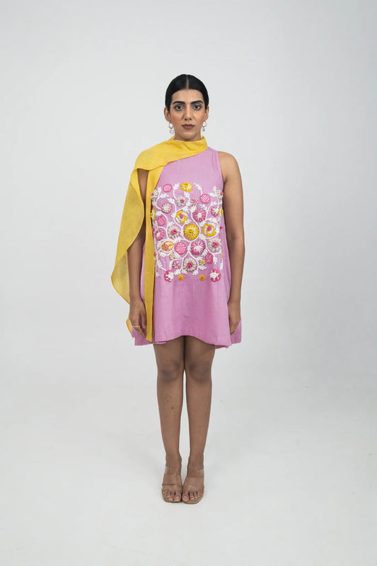 Pink Floral Dress, Organic Cotton, Hand Embroidery
