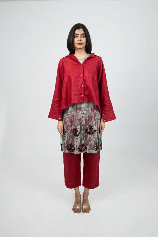 Red Co-ord Set with Green Lace Top, Hand Embroidery