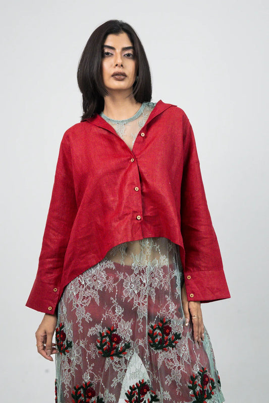 Red Co-ord Set with Green Lace Top, Hand Embroidery