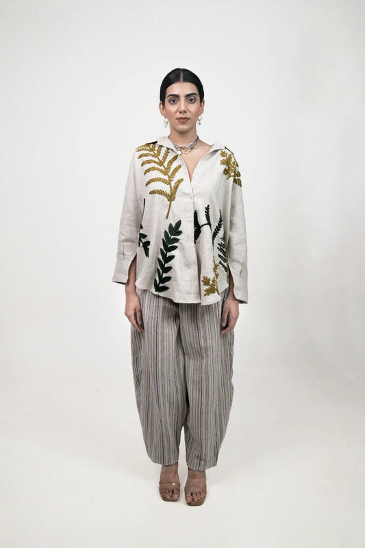 Ivory Co-ord Set with Hand Embroidery, Stripes, Organic Cotton Pants