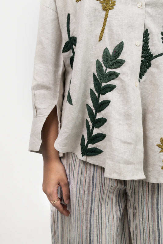 Ivory Co-ord Set with Hand Embroidery, Stripes, Organic Cotton Pants