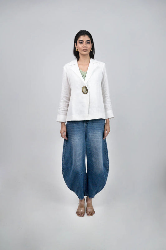 White Hand Embellished Linen Blazer
