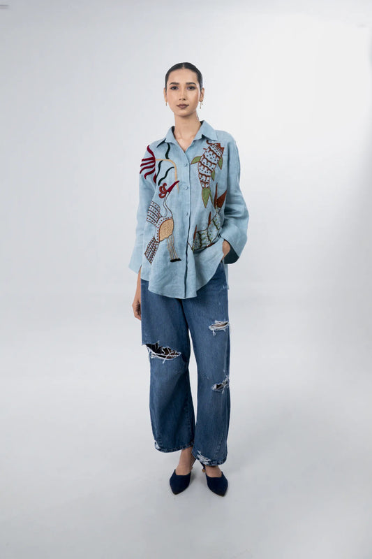 Powder Blue Hand Embroidery Shirt