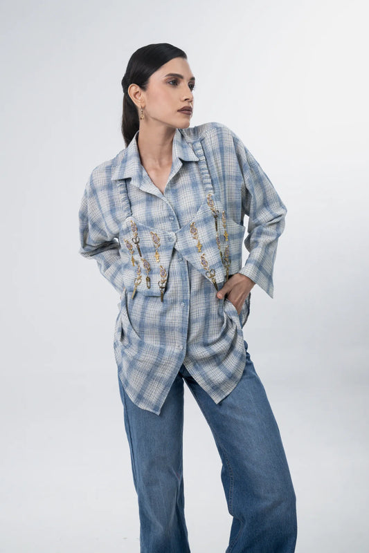 Powder Blue Check Bib Shirt, Hand Embroidery