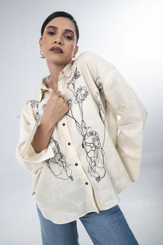 Ivory Line-Art Hand Work Shirt