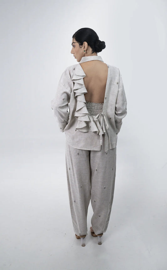 Oat Beaded Two-Piece Co-ord Set, Hand Embroidery