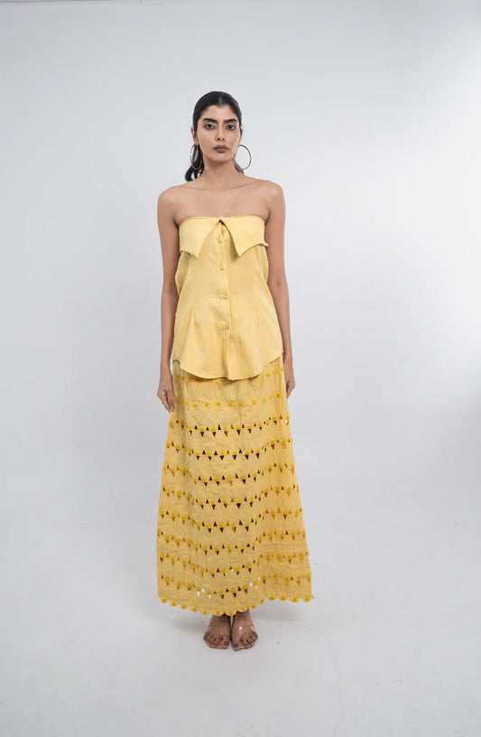 Sunshine Yellow Crochet Co-ord Set, Tube Shirt with Hand Embroidery Skirt