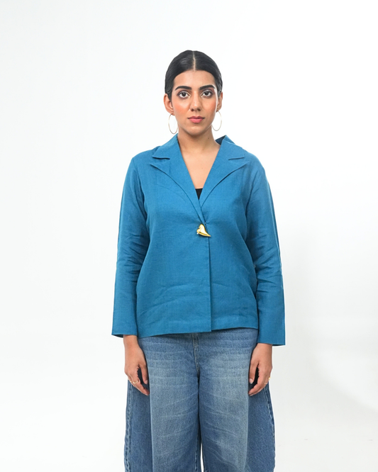 Teal Blazer with Peacock Embroidery