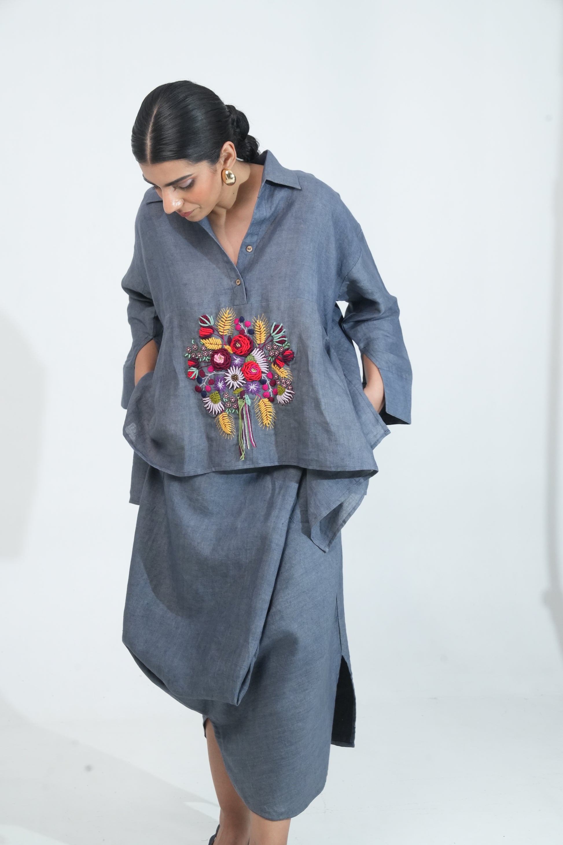 Nityaya Steel Blue Embroidered Co-ord Set
